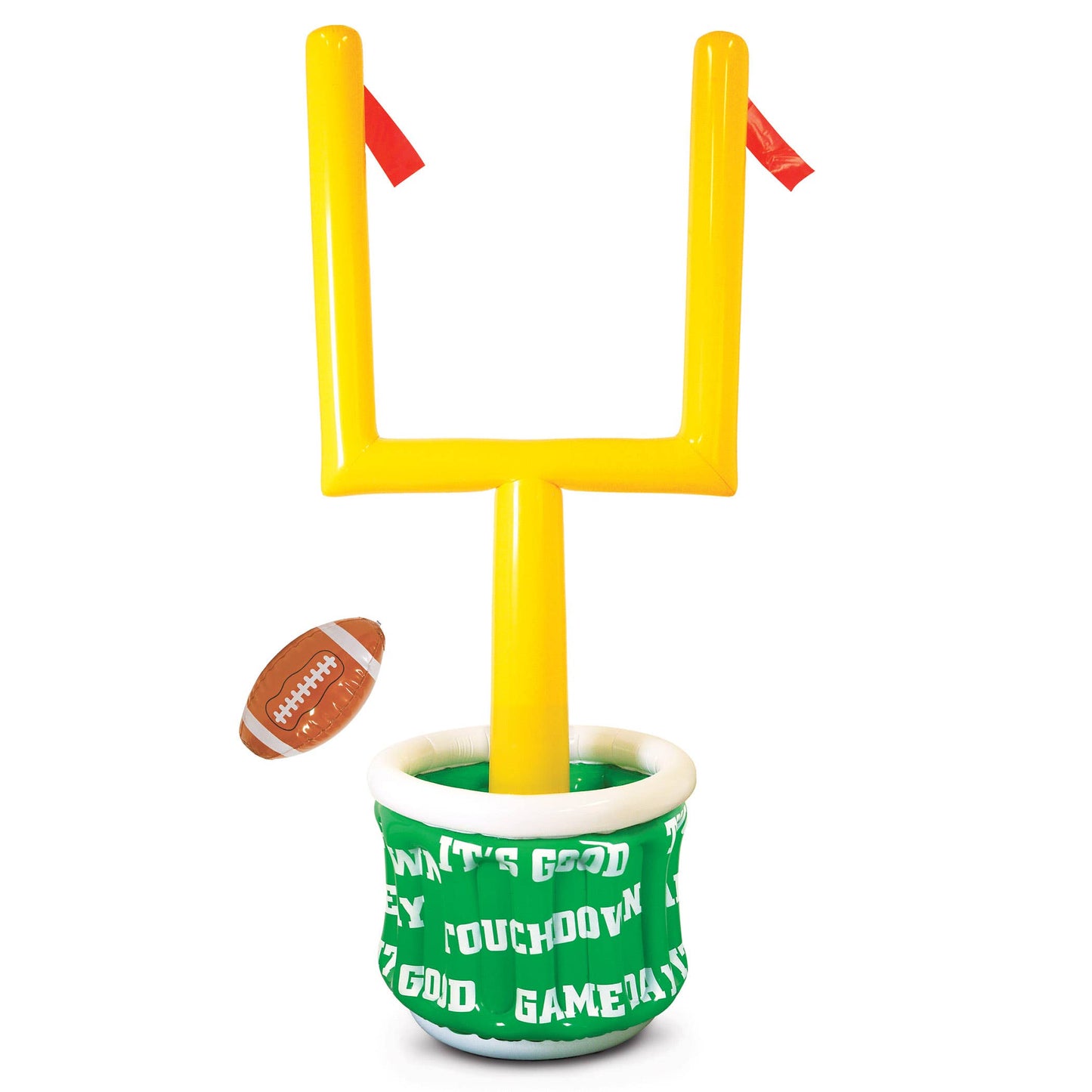 Inflatable football goal game with a yellow U-shaped target, red ribbon flags, a green and white bucket base printed with football-themed text, and a small floating football on a white background.