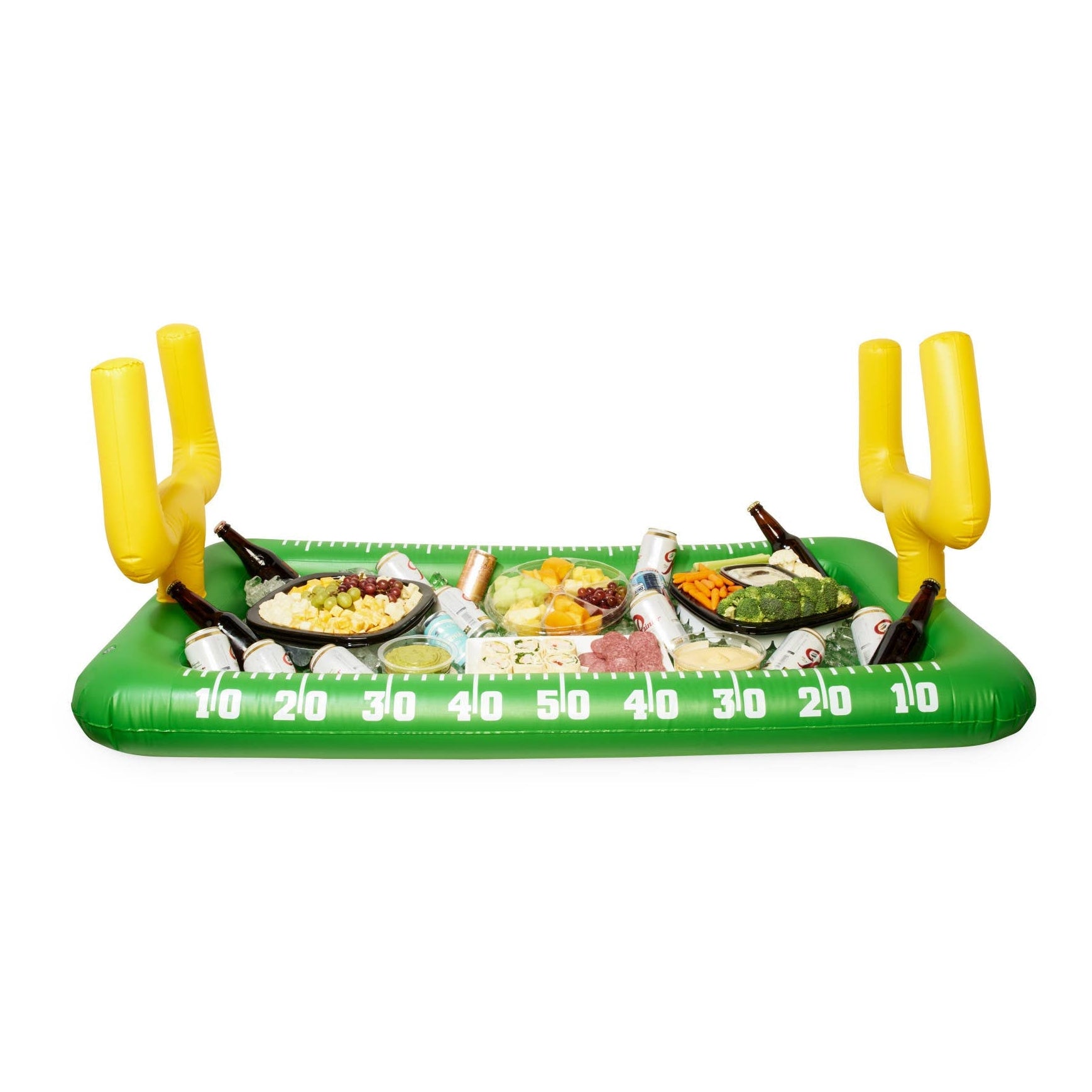 Inflatable football field table with food on a white background