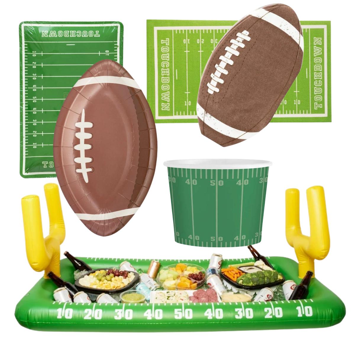 A football-themed party decoration set featuring an inflatable football, yard line placard, touchdown placard, canteen cup, and touchdown stand with cactus arms, shown on a white background.