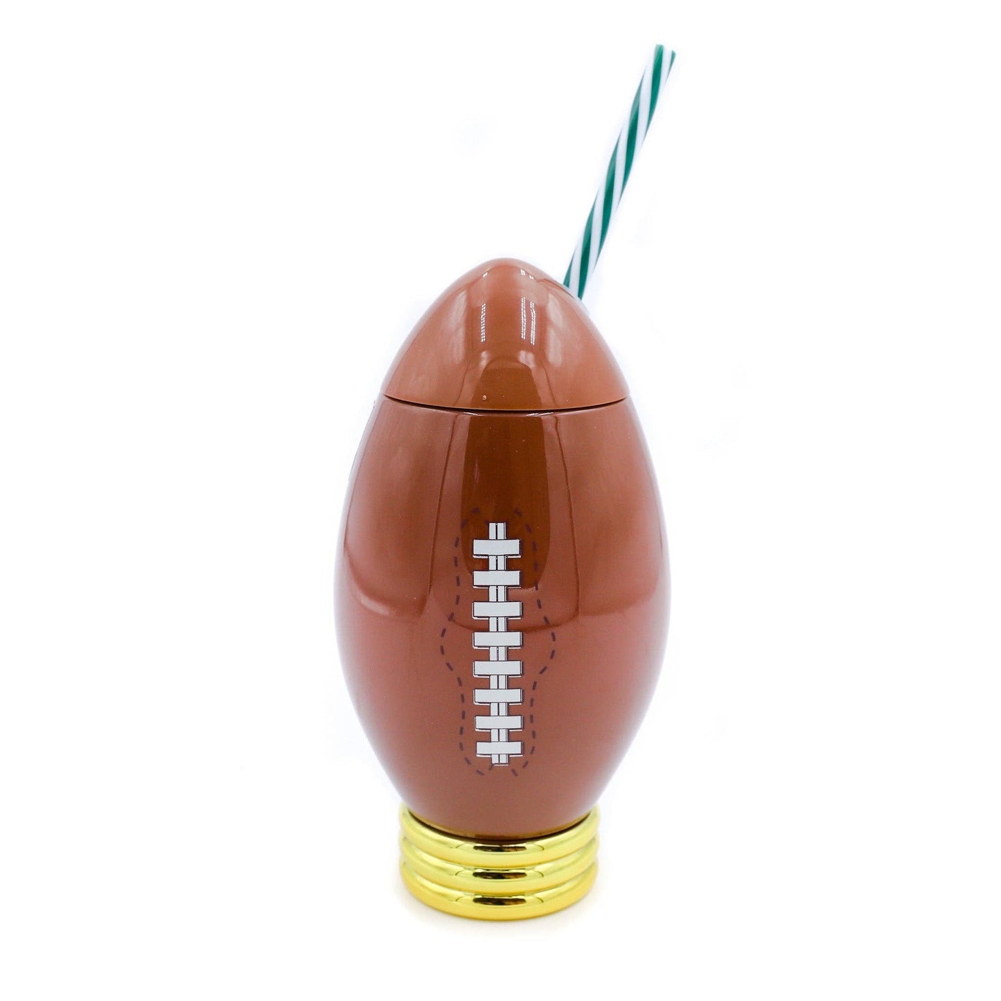Football-shaped drink container with a straw on a white background