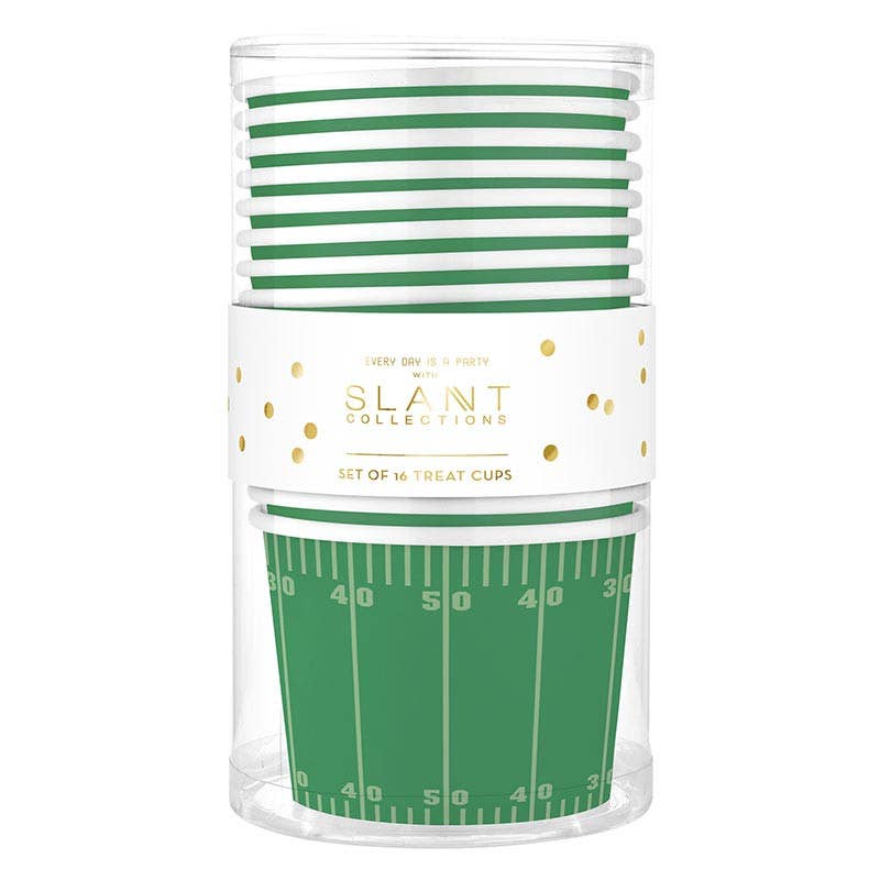 A stack of green and white striped treat cups inside a clear cylindrical container with a white paper band that reads 'SLANT COLLECTIONS' and 'SET OF 16 TREAT CUPS.' The cups are shown on a plain white background.