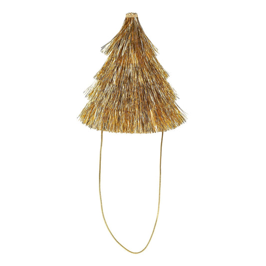 Decorative gold fringe party hat on a white background