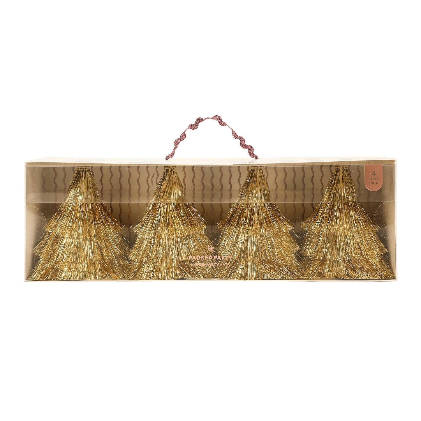 A boxed set of four gold glitter Christmas tree ornaments displayed in a clear-front package with a beige cardboard insert and a burgundy handle, on a white background.