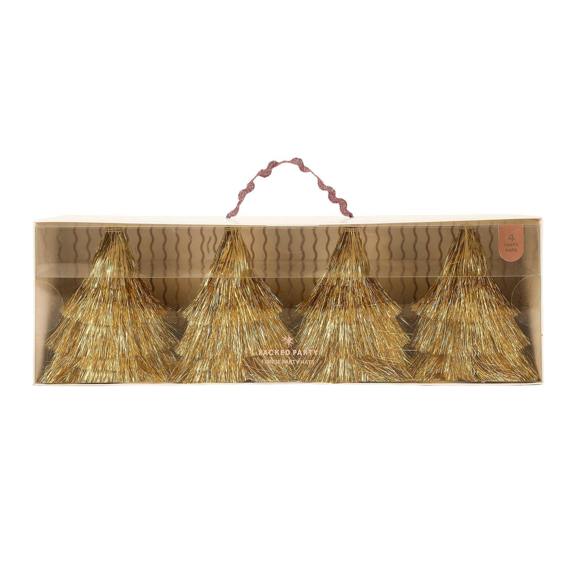 A boxed set of four gold glitter Christmas tree ornaments displayed in a clear-front package with a beige cardboard insert and a burgundy handle, on a white background.