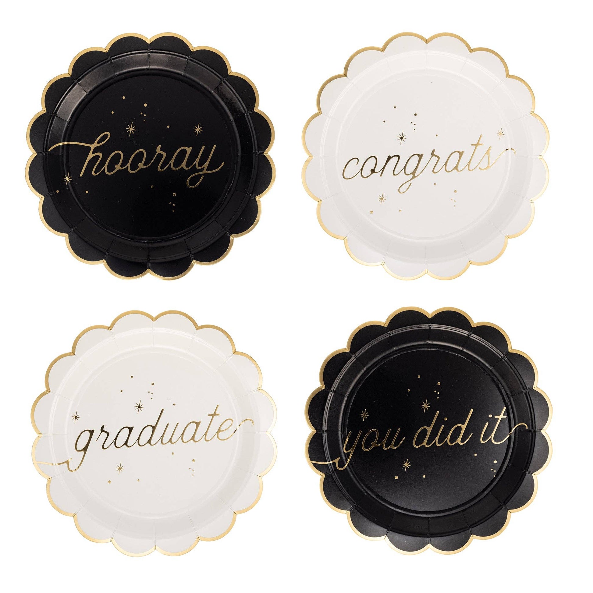Four decorative paper plates with graduation-themed text on a white background