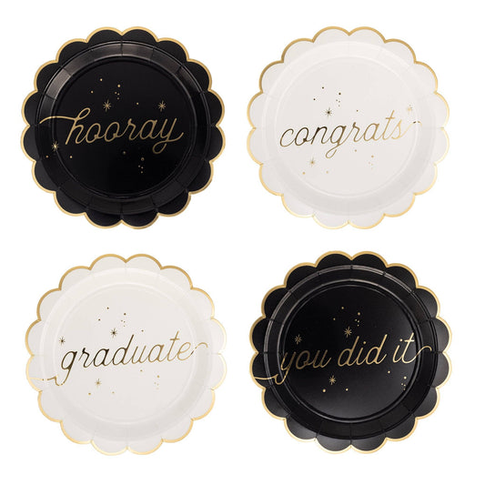 Four decorative paper plates with graduation-themed text on a white background