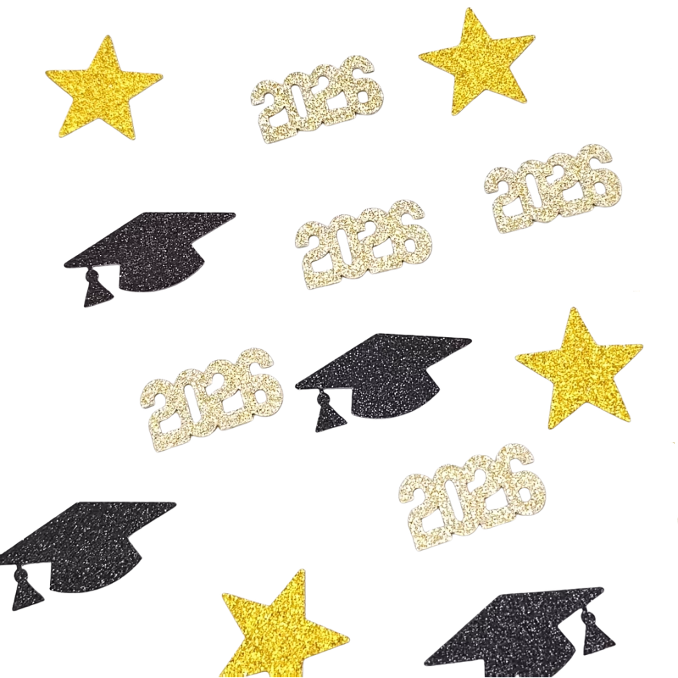Graduation-themed decorations with hats, stars, and '2026' text on a white background