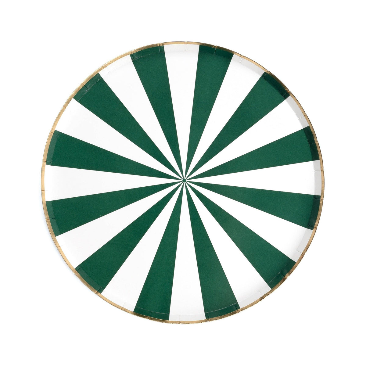 Round plate with green and white pinwheel pattern on a white background