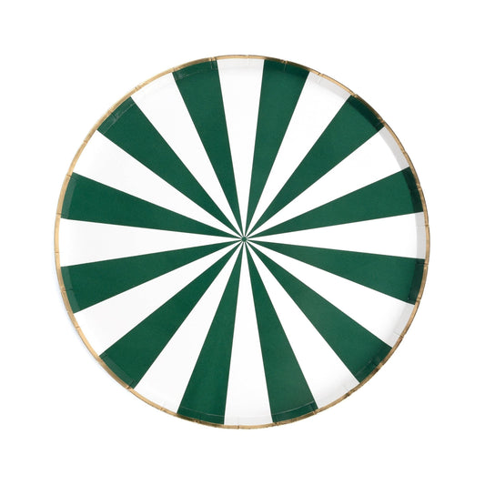 Round plate with green and white pinwheel pattern on a white background