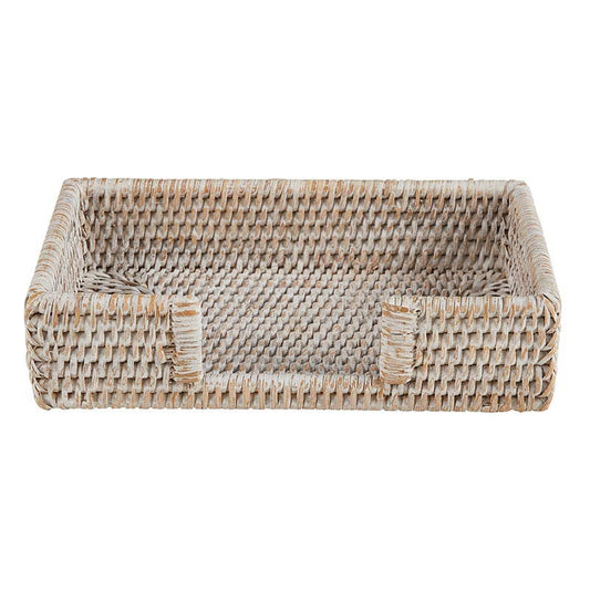 Woven rectangular napkin holder with natural finish on a white background