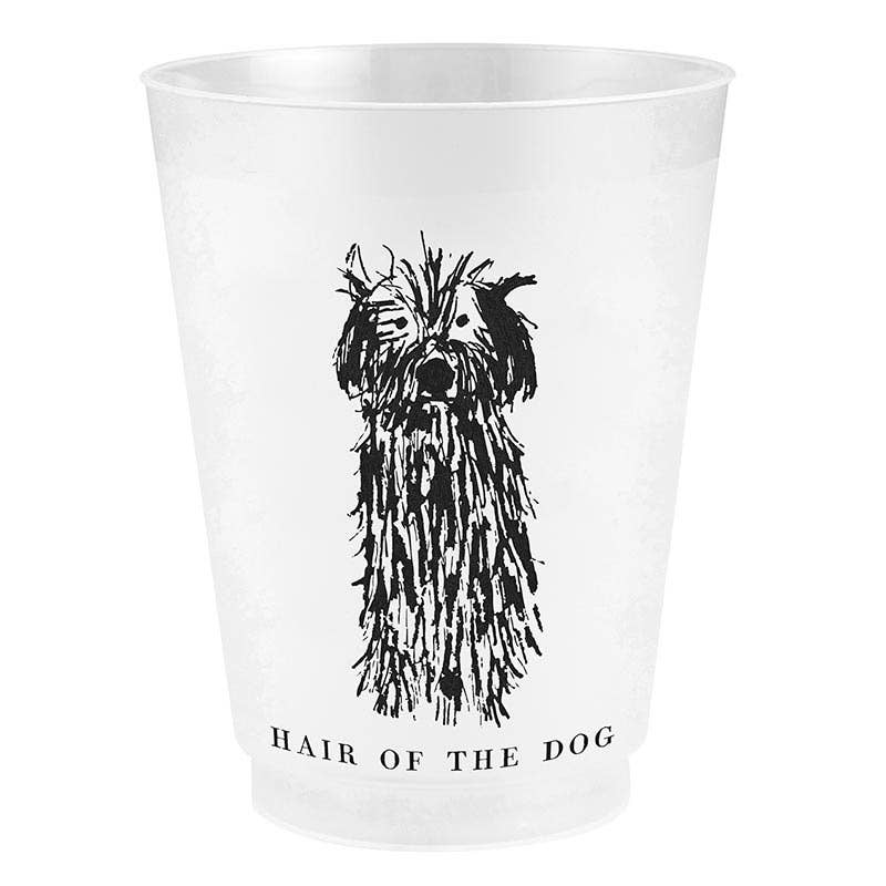 White cup with black dog illustration and 'Hair of the Dog' text on a white background