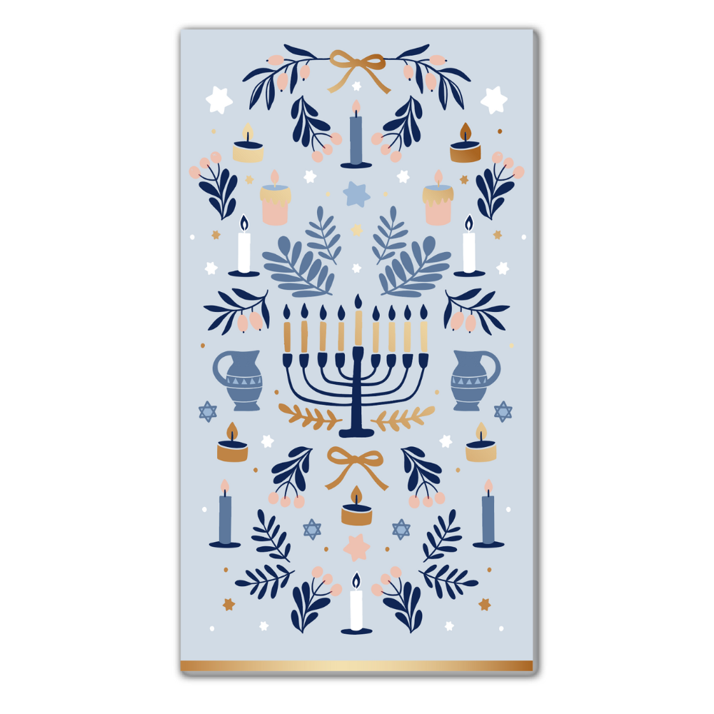 Decorative card with a Menorah and candles on a light blue background
