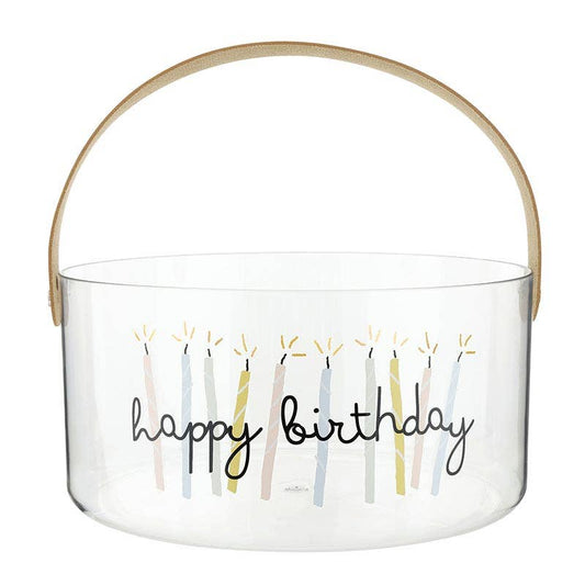 Clear container with 'happy birthday' text and candle illustrations on a white background