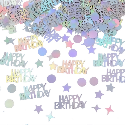 iridescent 'Happy Birthday' confetti with stars and dots on a white background