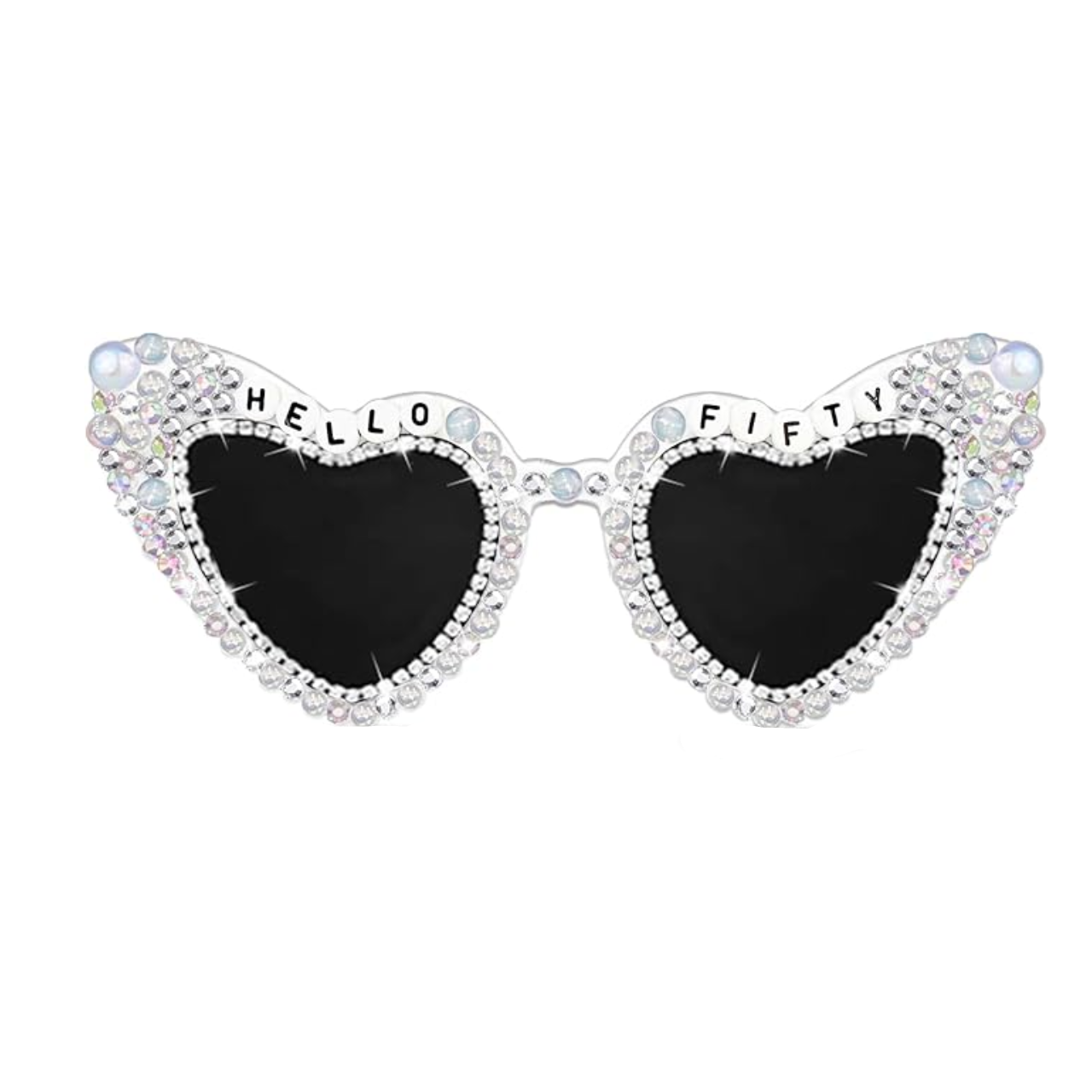 heart sunglasses with hello fifty and black lenses on a white background