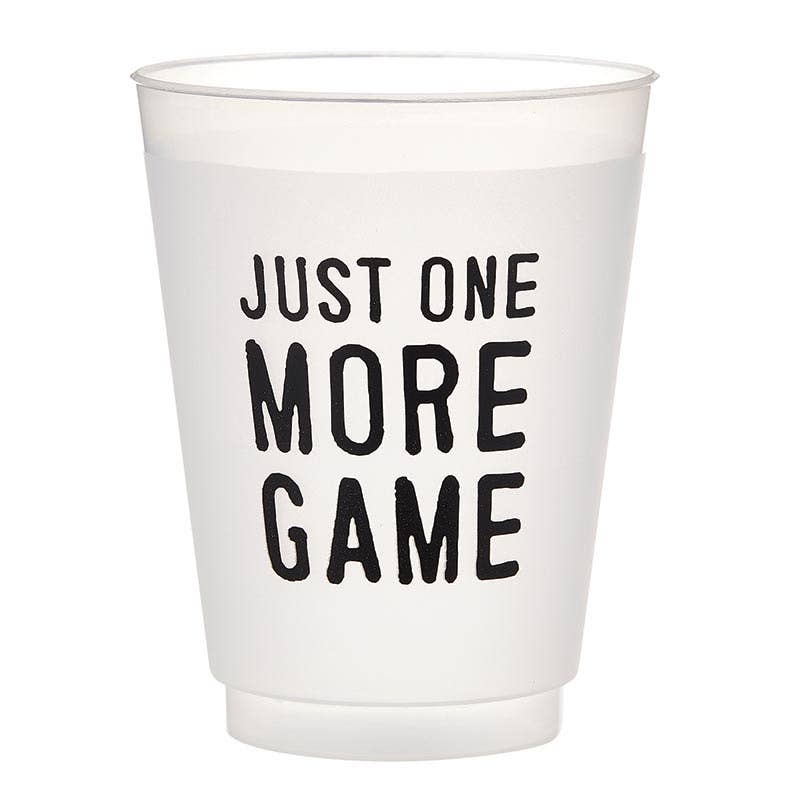 frosted cup with black text 'JUST ONE MORE GAME' 