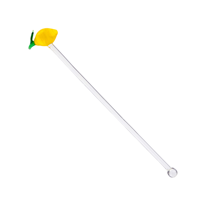 White stir stick with a yellow lemon-shaped top on a white background