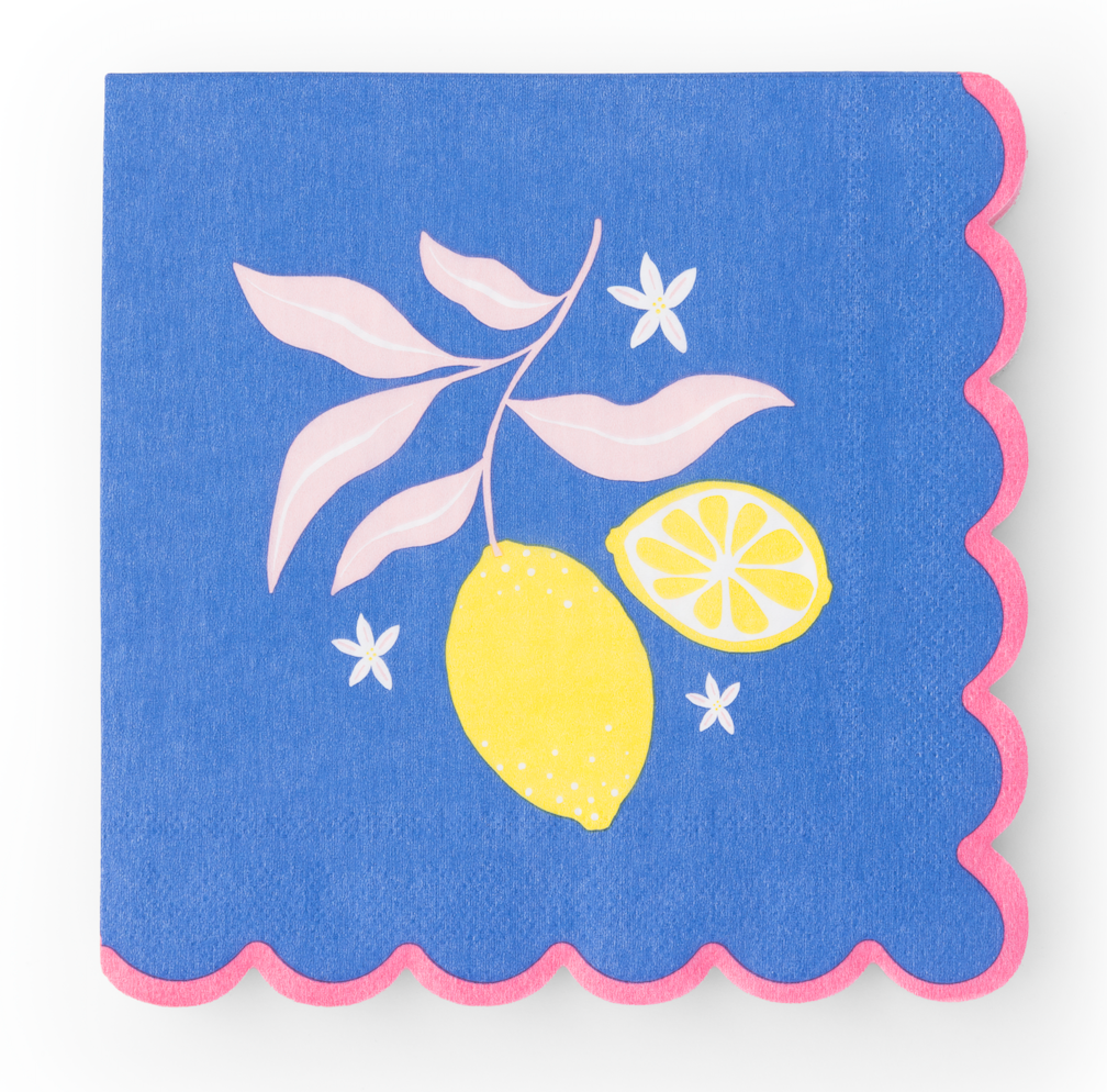 Blue napkin with pink scalloped edge featuring yellow lemons and white flowers on a white background