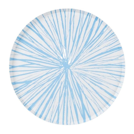 Round paper plate with light blue and white radial pattern on a white background