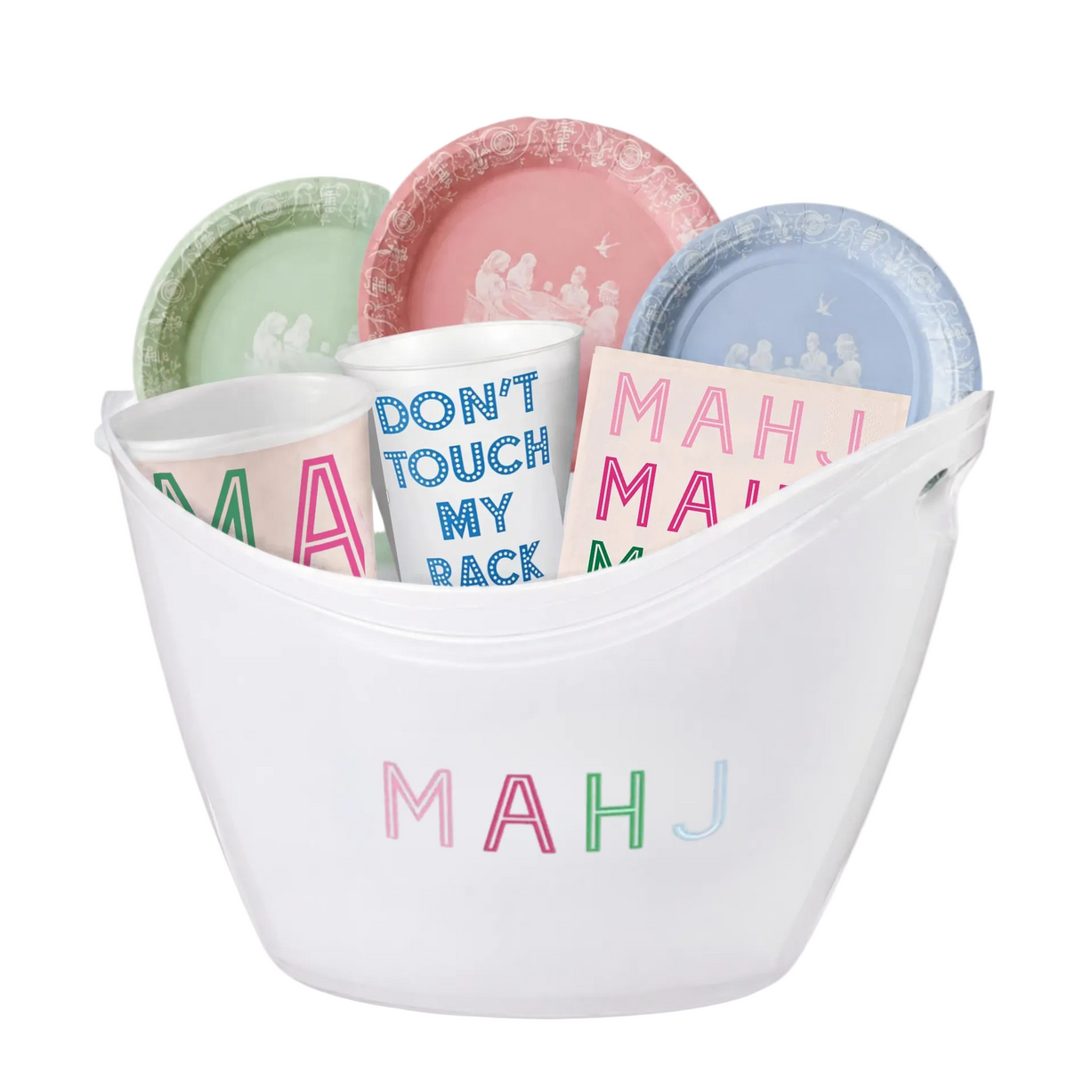 A white plastic wine bucker with the word 'MAHJ' printed on the front in pastel pink, green, blue, and hot pink. Several pastel paper plates and cups with matching lettering are tucked inside the bin against a clean white background.