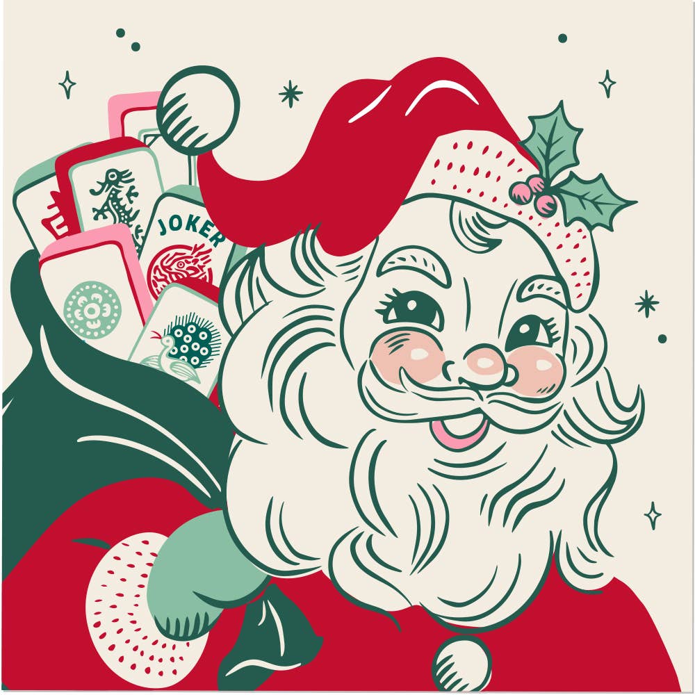 A stylized retro Christmas illustration of Santa Claus smiling and carrying a sack filled with mahjong tiles, on a cream background with small star accents.