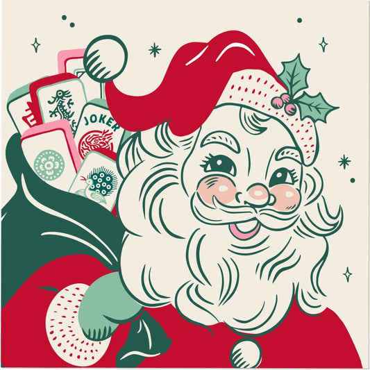 A stylized retro Christmas illustration of Santa Claus smiling and carrying a sack filled with mahjong tiles, on a cream background with small star accents.