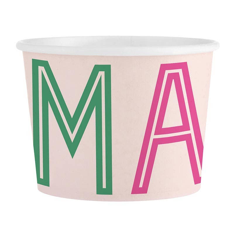 Paper cup with 'MAJH' letters in green and pink on a light pink background