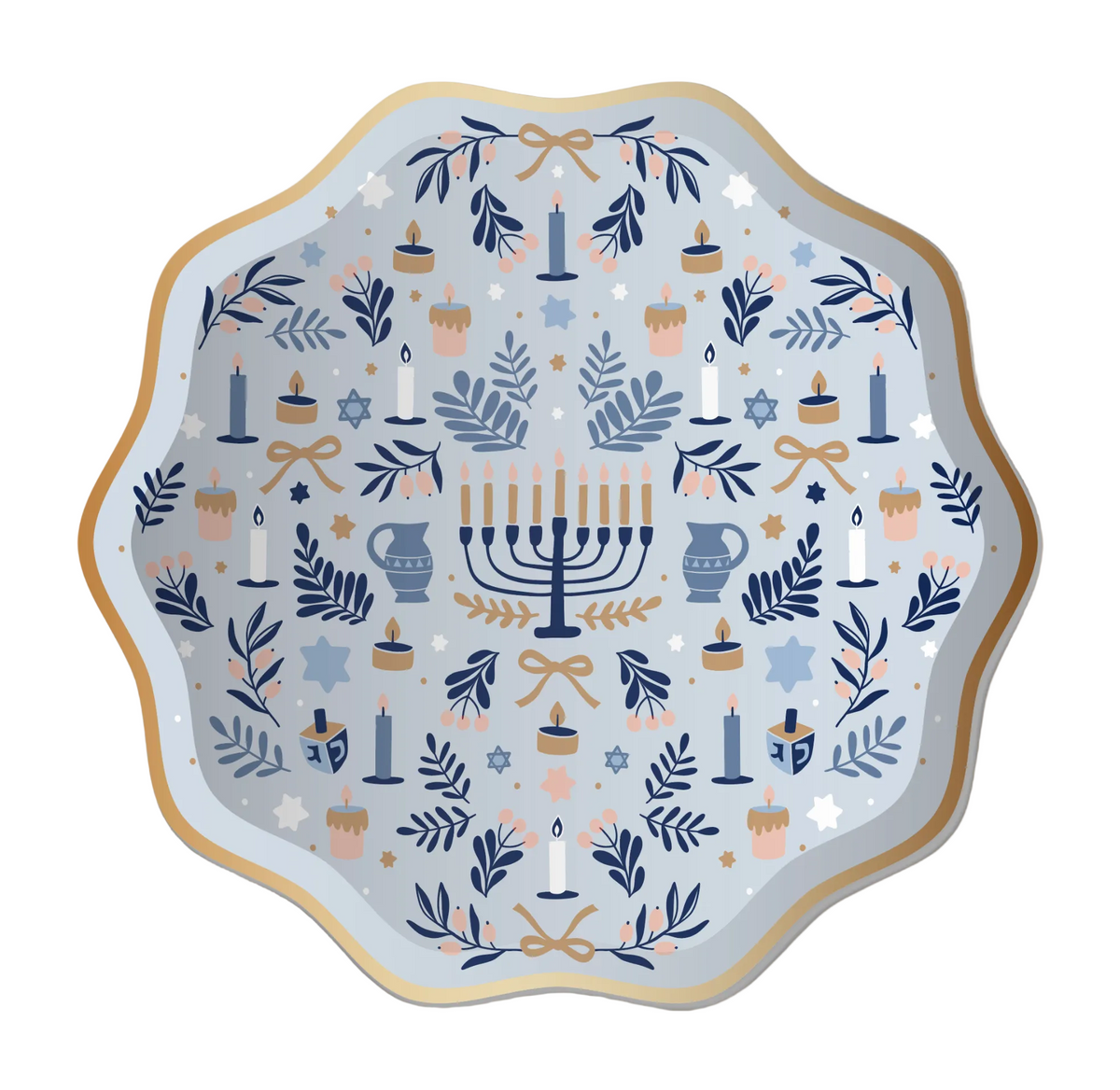 Decorative plate with Hanukkah-themed design featuring menorahs, candles, and leaves on a white background.