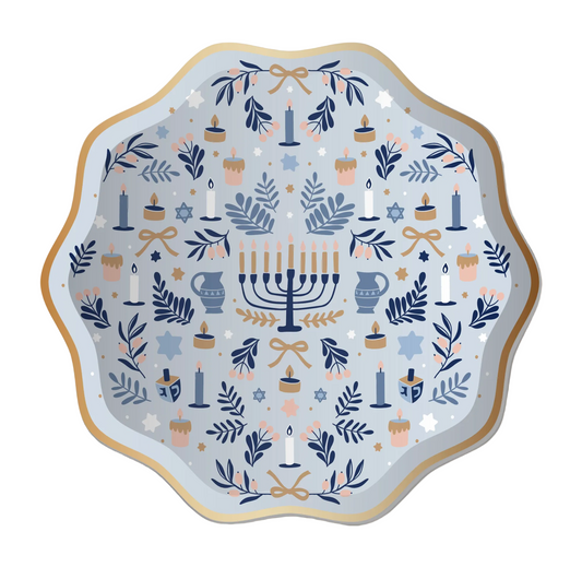 Decorative plate with Hanukkah-themed design featuring menorahs, candles, and leaves on a white background.
