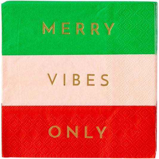 Colorful napkin with 'Merry Vibes Only' text on a white background