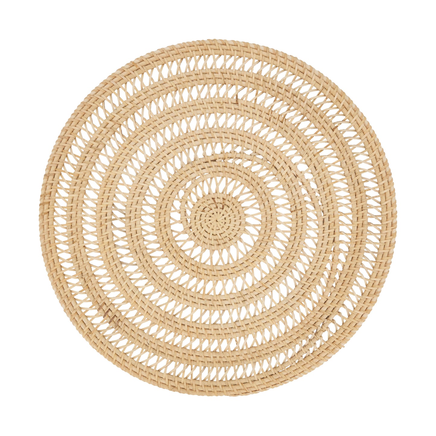 Round woven placemat with concentric circles on a white background
