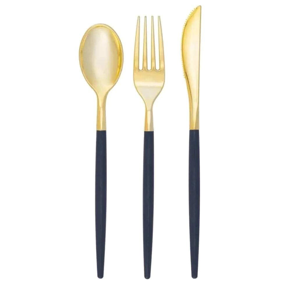 Gold spoon, fork, and knife set with navy handles on a white background, featuring Luxe Party NYC branding.