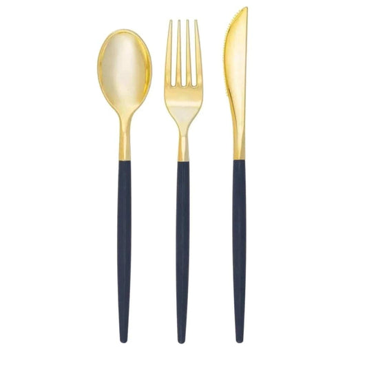 Gold spoon, fork, and knife set with navy handles on a white background, featuring Luxe Party NYC branding.