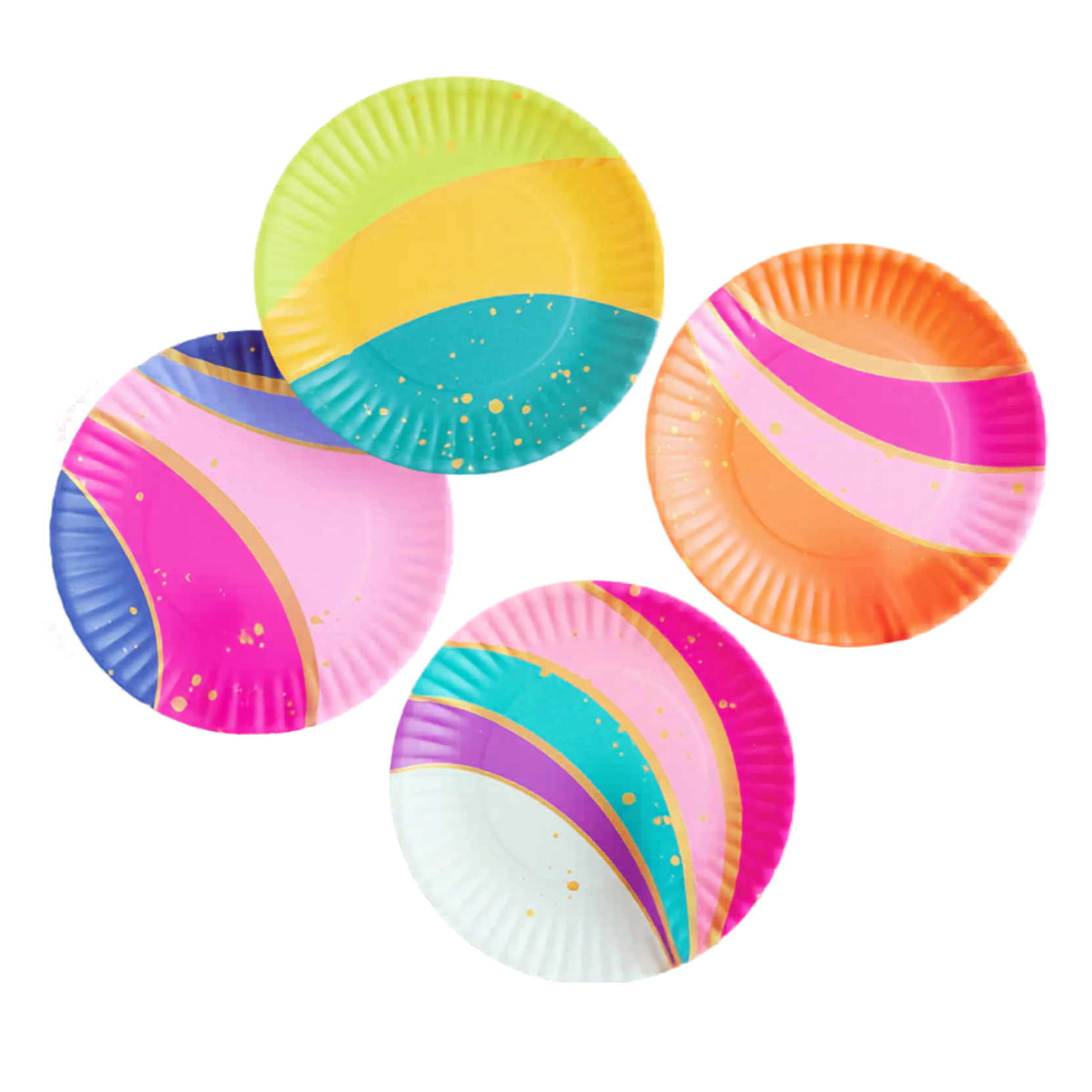 Colorful melamine plates with striped neon pastel patterns on a white background
