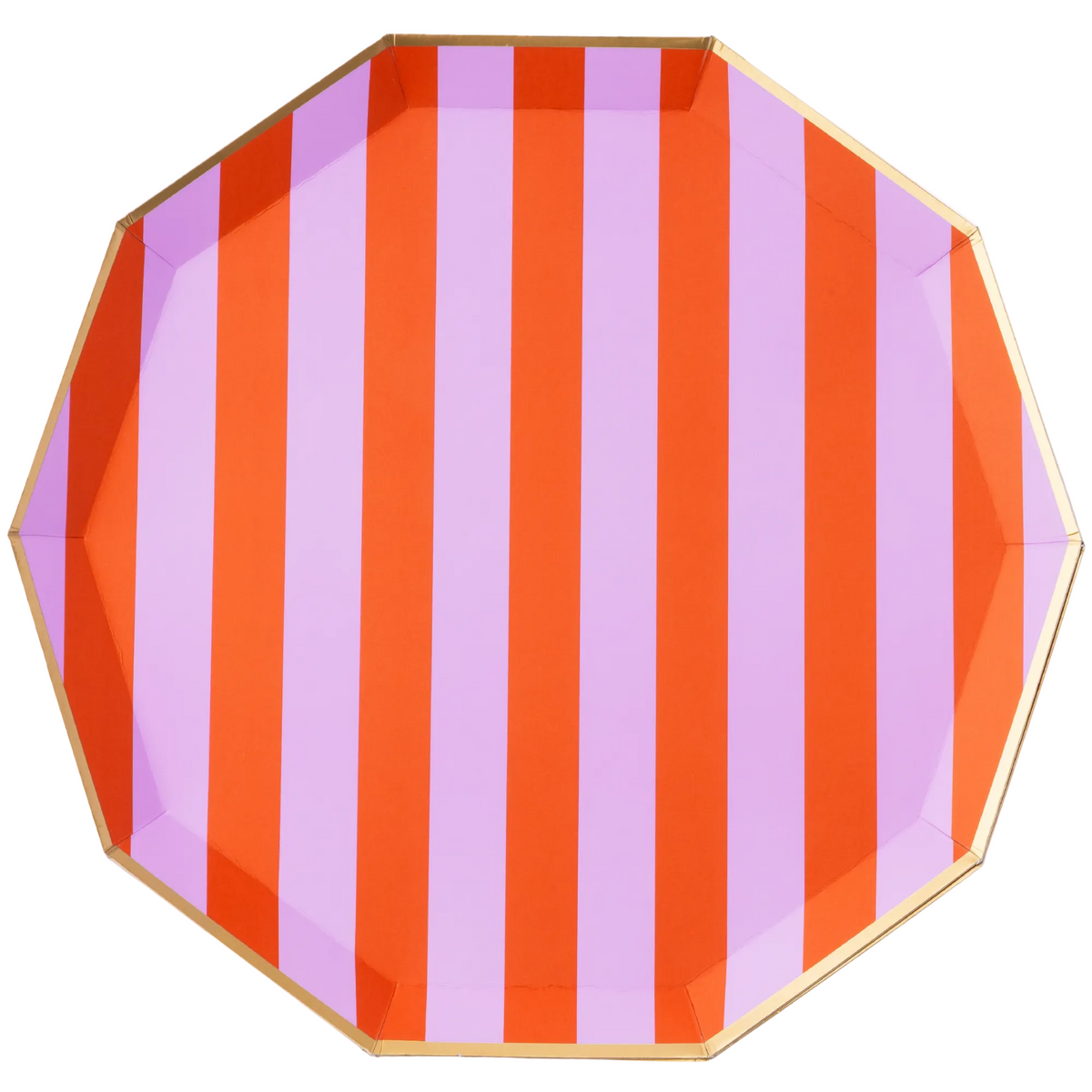 Octagonal plate with orange and purple vertical stripes on a white background