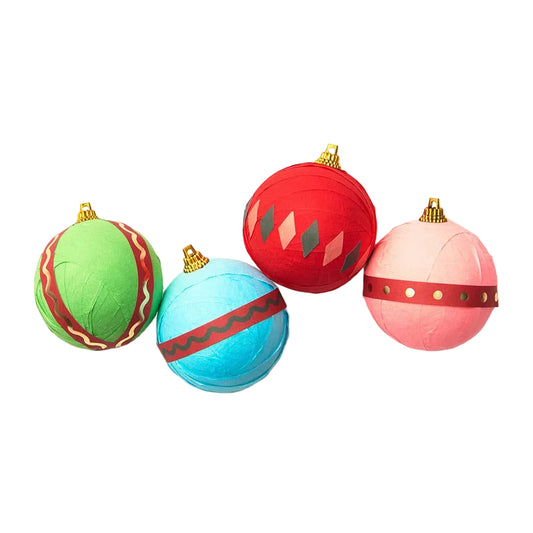Four colorful Christmas ornaments on a white background