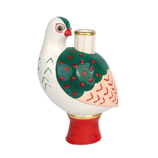 Decorative candle holder shaped like a bird with a green body and red accents on a white background