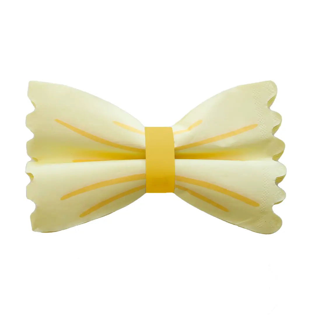 Yellow bow-shaped pasta napkin on a white background