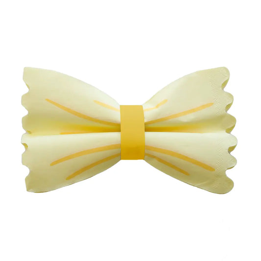 Yellow bow-shaped pasta napkin on a white background