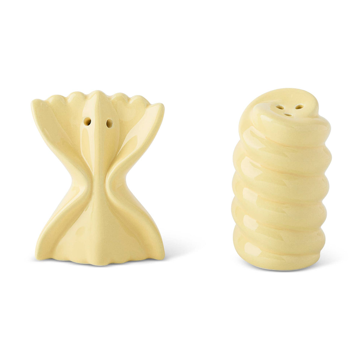 Two unique salt and pepper shakers on a white background