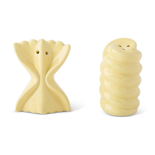 Two unique salt and pepper shakers on a white background