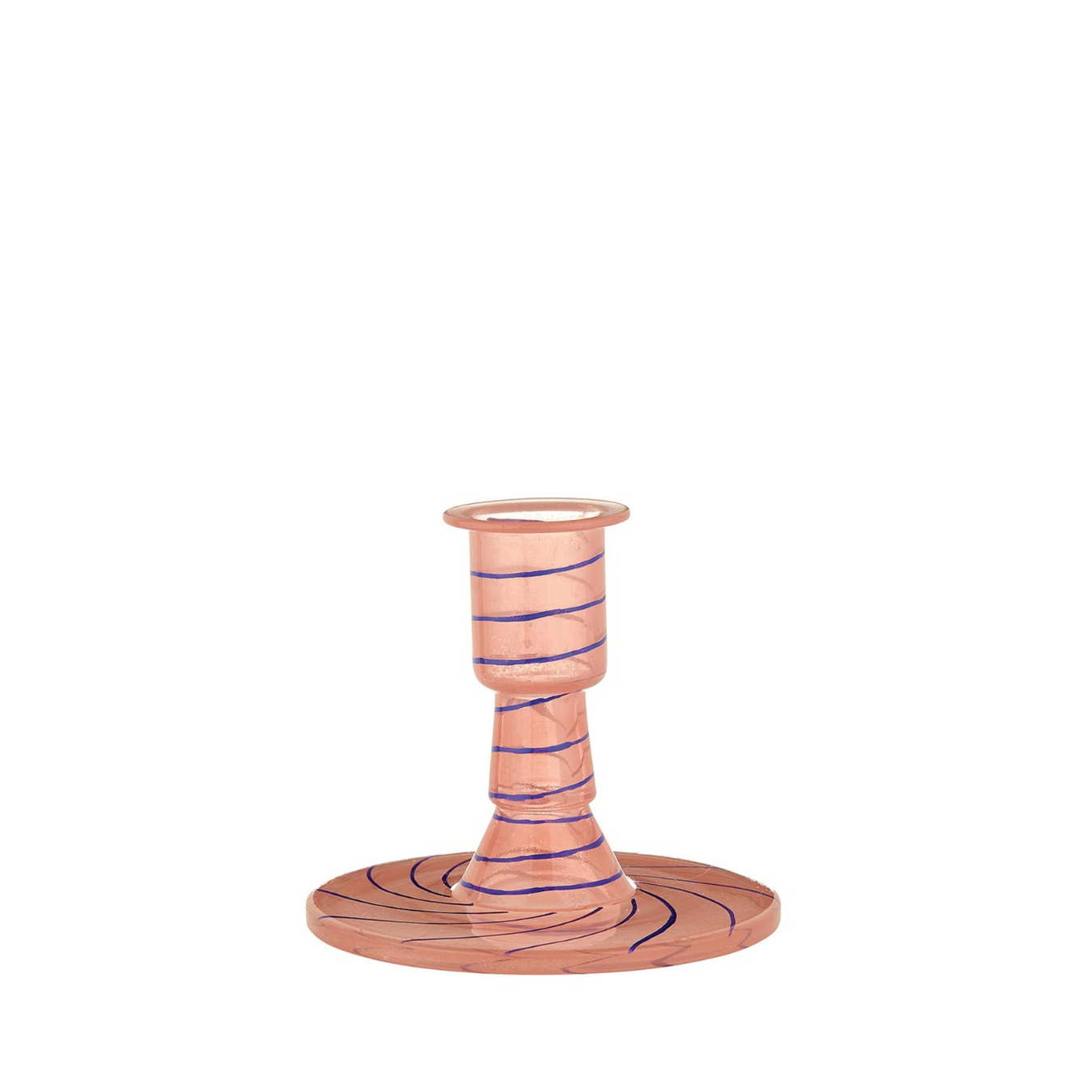 peach glass candle holder with blue spiral design on a white background