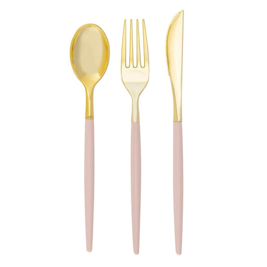 Gold cutlery set with pink handles on a white background, 
