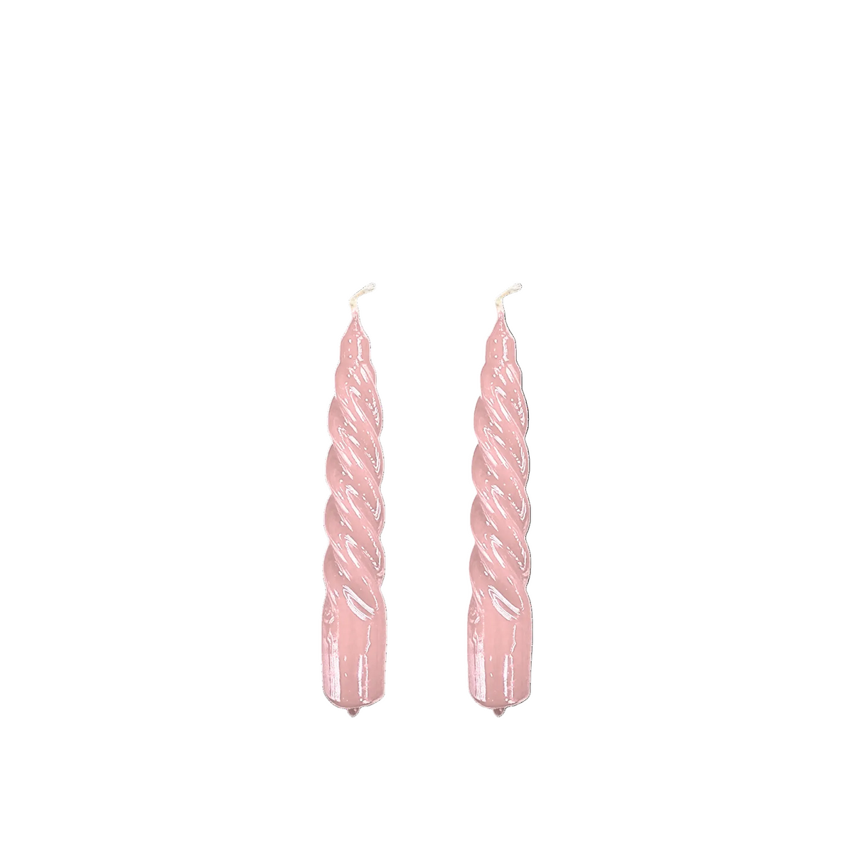 Two long, twisted spiral candles in a soft light pink color, shown against a plain white background.