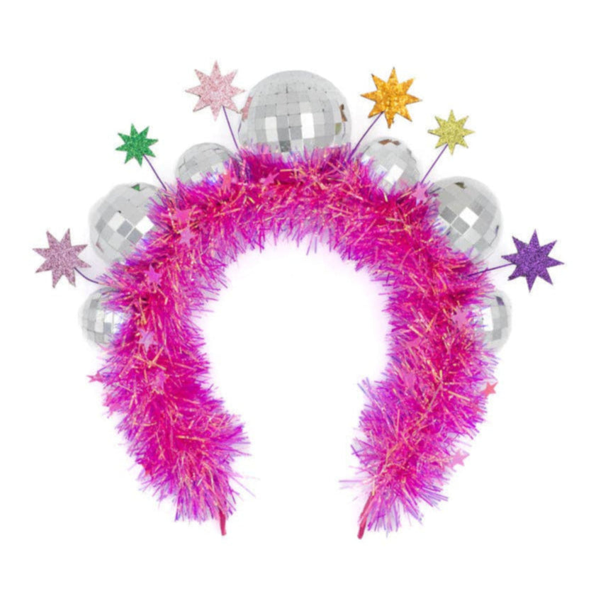 Decorative headband with pink tinsel, silver disco balls, and colorful stars on a white background