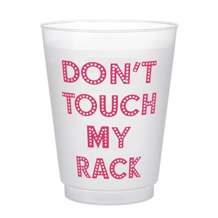 Frosted plastic cup with pink text 'DON'T TOUCH MY RACK'  made for mahjong games