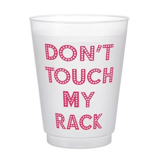 Frosted plastic cup with pink text 'DON'T TOUCH MY RACK'  made for mahjong games