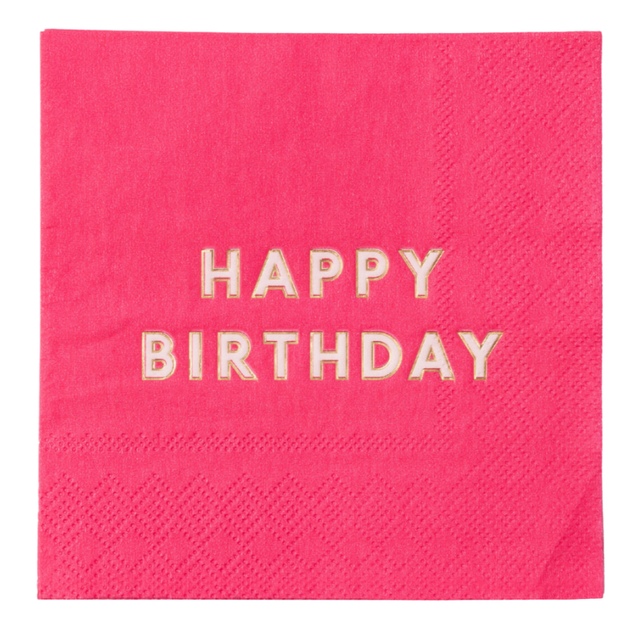 Pink napkin with 'Happy Birthday' text on a white background