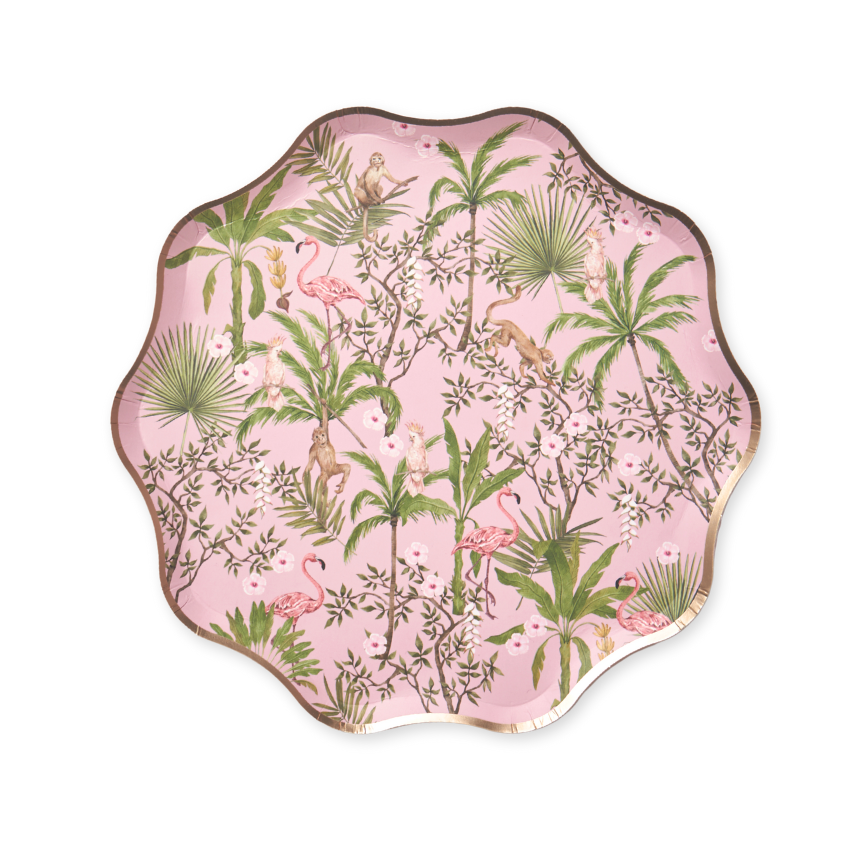 Decorative paper plate with tropical design on a white background