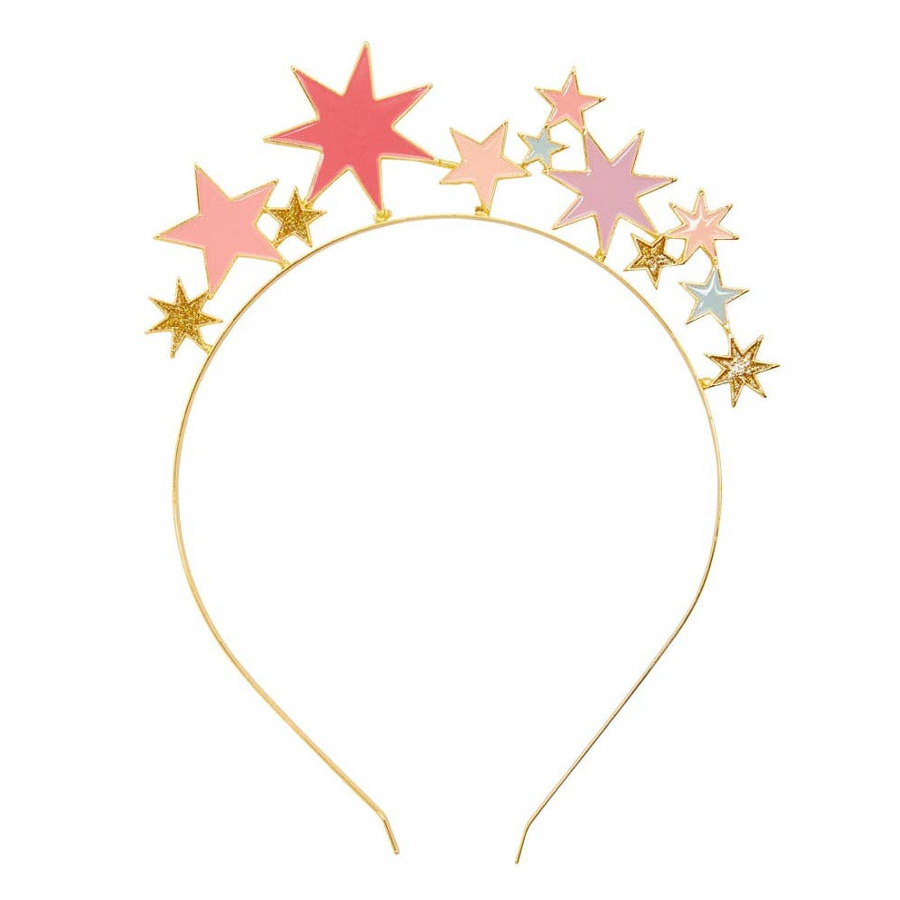 Star-shaped headband with pink, gold, and silver stars on a white background
